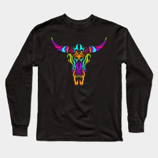 Stylized Cow Longhorn Skull Painting Day Of The Dead Long Sleeve T-Shirt